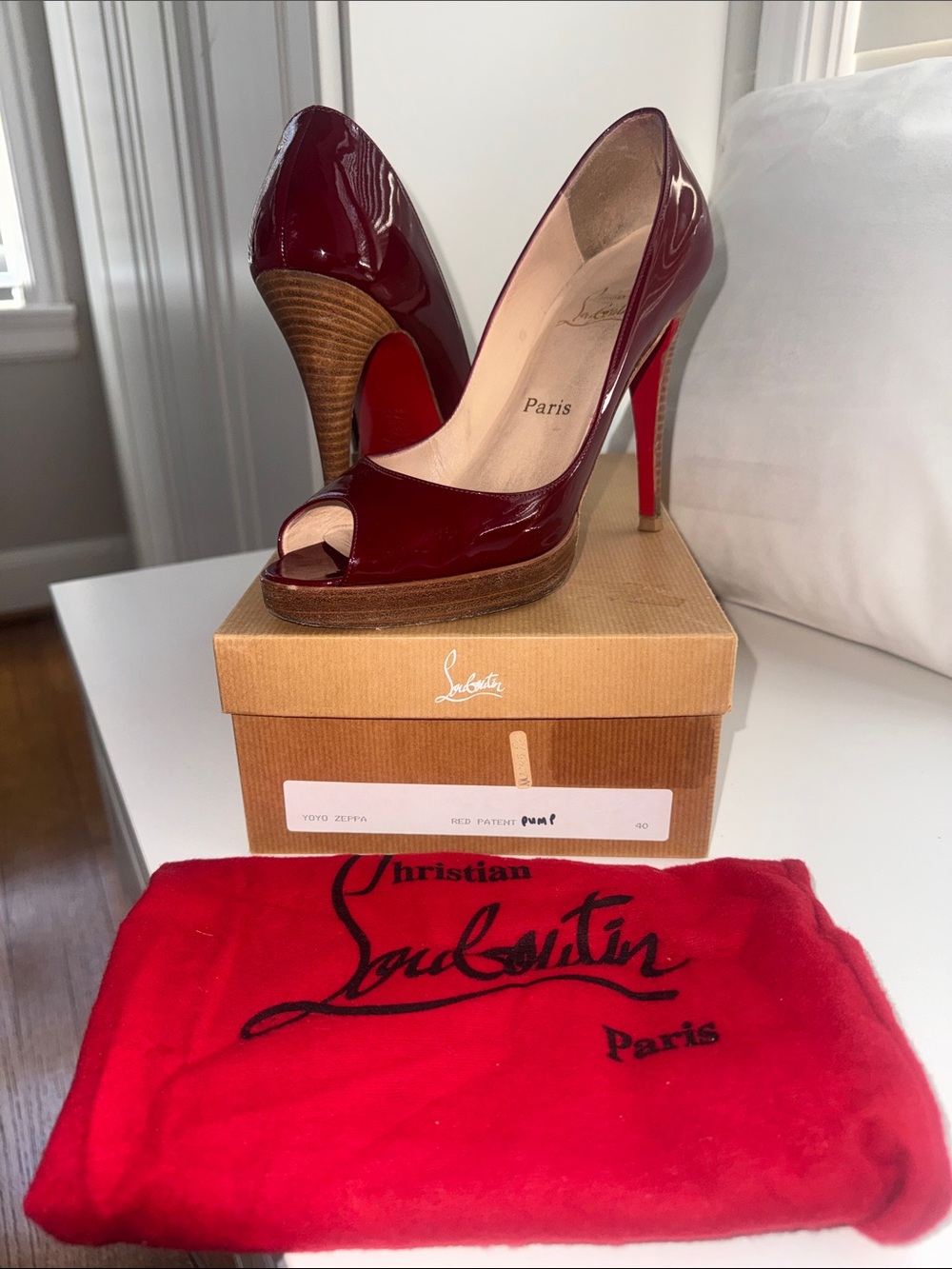 Christian Louboutin Burgundy Zeppa Patent Peep-Toe Platform Pumps
